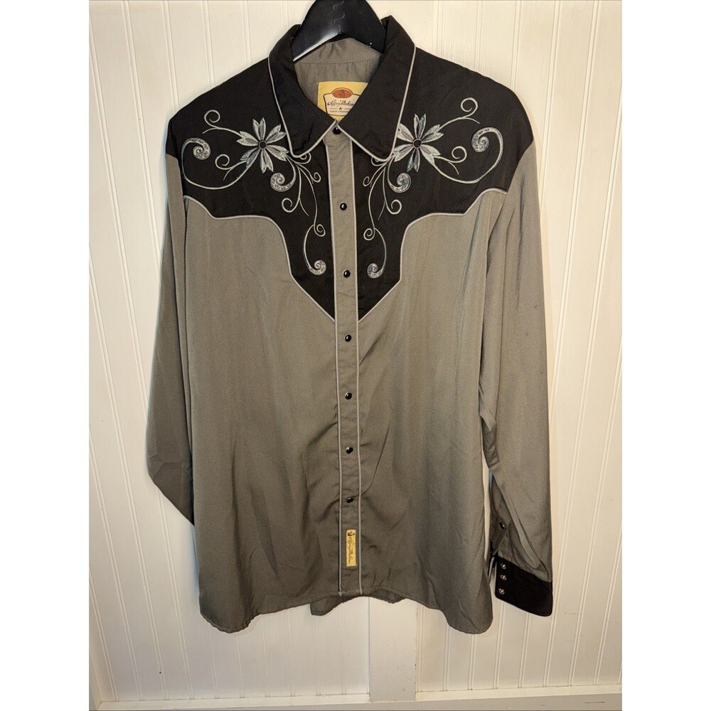 Larry Mahan Men's Western Dress Shirt XL Black Gray Snap-Up Long Sleeve*flaw*